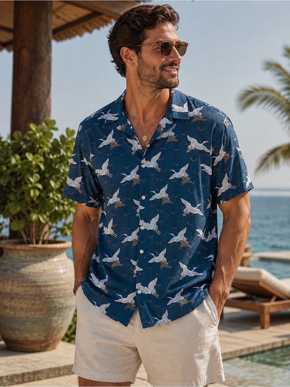 Thread & Cloth Crane Print Camp Shirt Dadcore Coastal Button Up Men’s L
